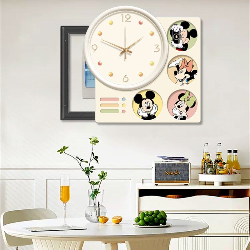 奶油风电表箱装饰画2024新款免打孔带钟表挂画遮挡配电箱竖款壁画