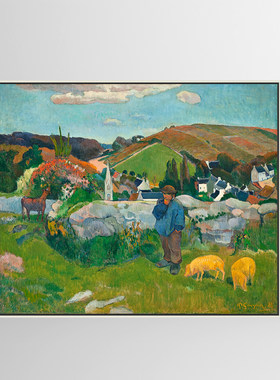 布列塔尼的猪倌 高更油画布喷绘风景挂画客厅卧室沙发背景装饰画
