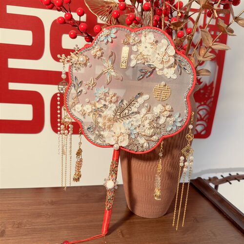 新娘团扇结婚古风成品中式婚礼秀禾扇子手工喜扇 DIY材料高端香槟