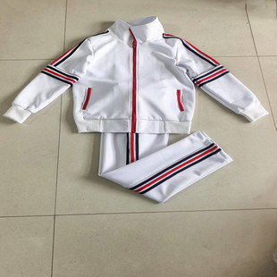 休闲班服 长袖 定制中小学生春秋新款 白色拼接红杠加深蓝杠校服套装