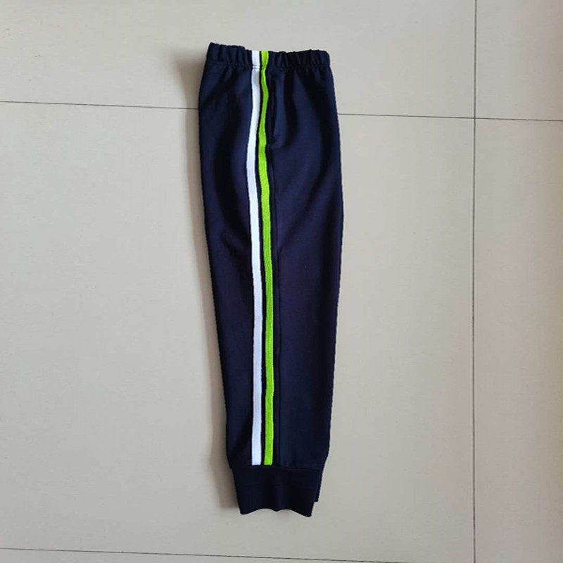 春秋新款中小学生深蓝色休闲裤拼接绿白两道杠运动束脚校服裤定做