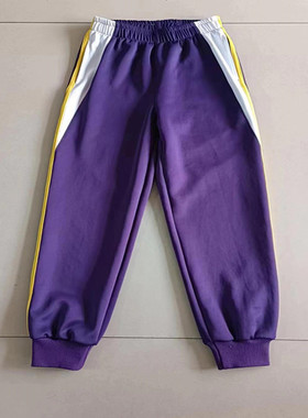 春秋新款中小学生紫色一道黄杠中腰宽松休闲束脚校服长裤子可定做