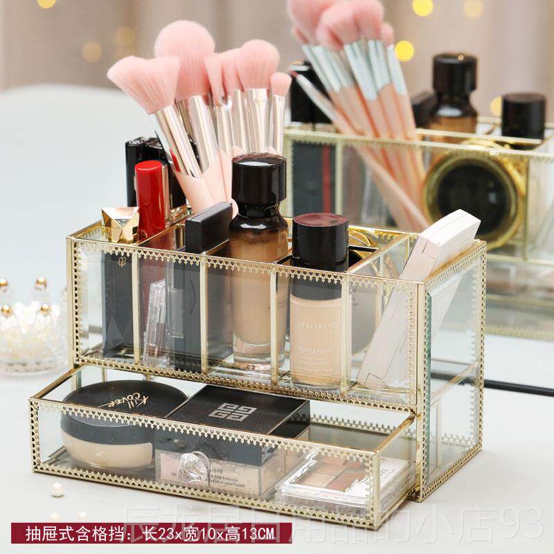 正品欧式抽屉收纳盒玻式璃铜笔边口红盒腮红眉粉刷复古桌面小样物