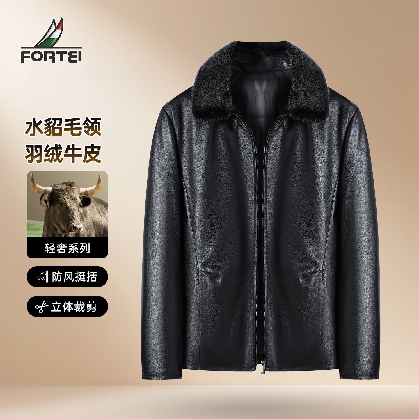 FORTEI男士水貂毛领真皮皮衣
