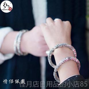 高档红银心老九门同款手男女99纯银个镯性工实男士复古二响环手镯