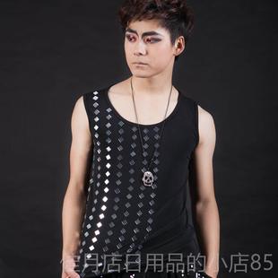 高档演夏季 夜店潮男酒吧手dj主持ds舞台出服歌镜 亮片背男心男汗衫