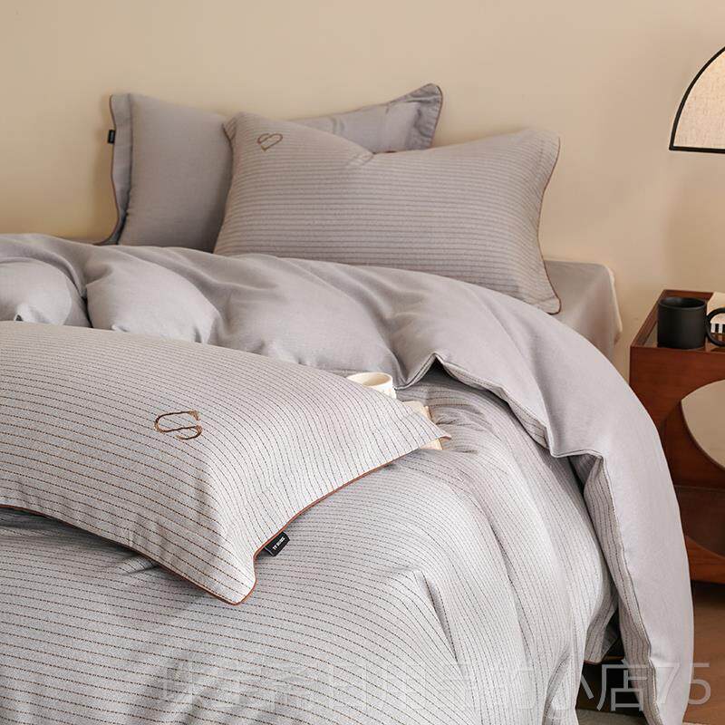 高档全棉加厚简约毛80支四口件套套被磨床单出欧美格子保暖床上用