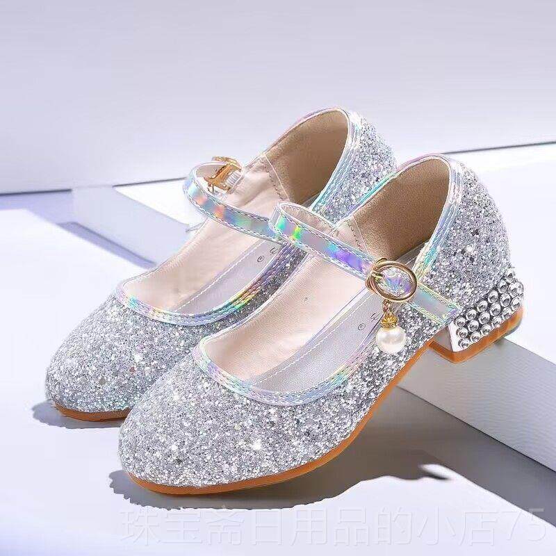 高档女舞蹈鞋童公主儿童圆头亮片单鞋小孩银鞋白色演出鞋小女学生