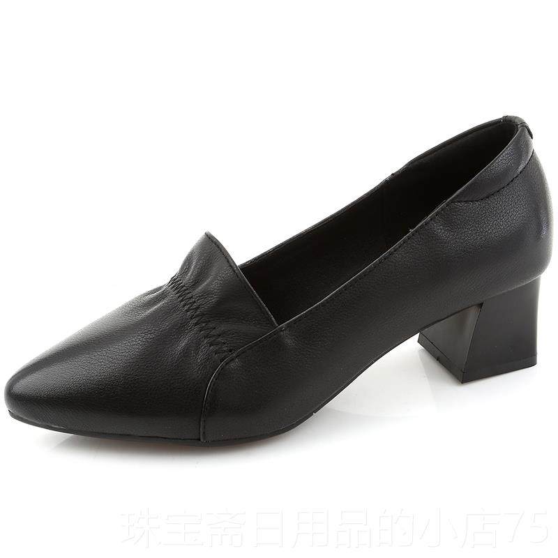 高档2025新春季搭尖单头软皮粗跟鞋女中跟瓢鞋款百妈妈鞋真皮鞋女