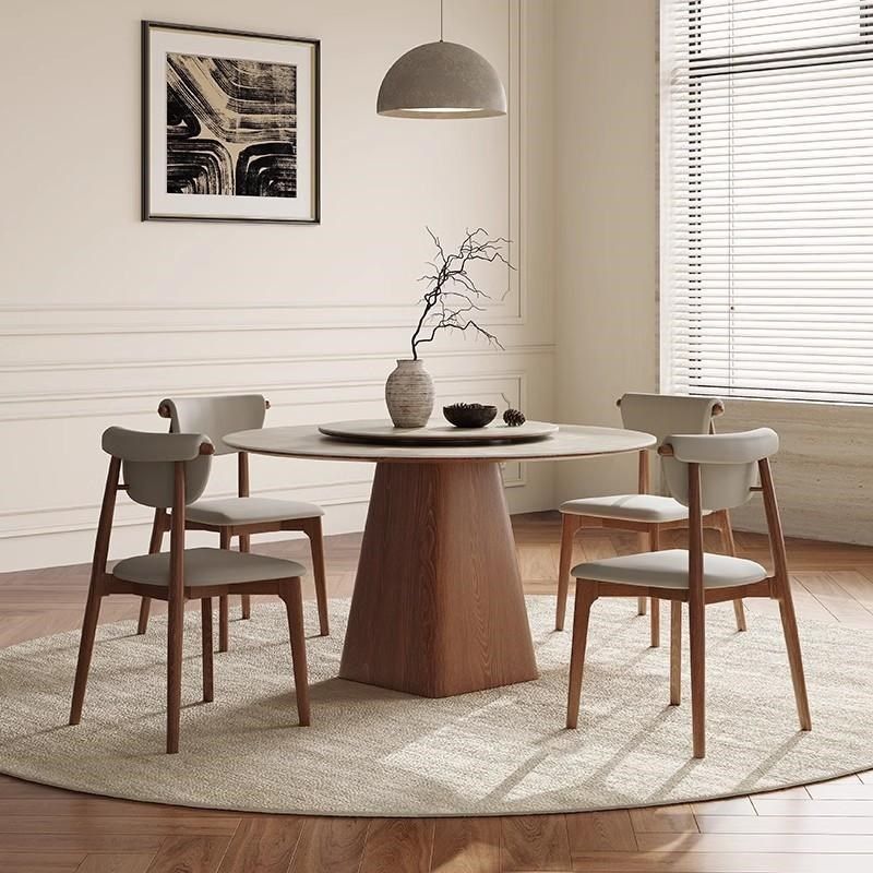 意式实木餐桌圆形带转盘家用餐厅小户型胡桃色侘寂中古风岩板圆桌,住宅家具,岩板餐桌,淘宝优惠券,粉丝福利购,淘宝优惠卷