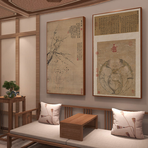 一团和气中式客厅沙发背景墙装饰画餐厅玄关壁画梅花兰花茶室挂画