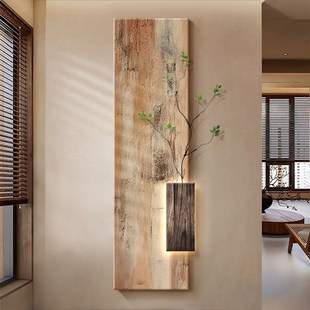 侘寂原木风入户玄关装 饰画抽象绿植立体壁灯走廊过道造景壁画挂画