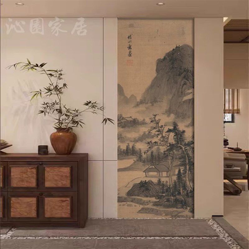 宋氏美学入门玄关装饰壁布名画水墨山水竖版壁纸卧室床头墙纸墙布