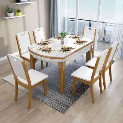 大理石实木餐桌椅家用小户型饭桌可伸缩岩板餐桌圆桌