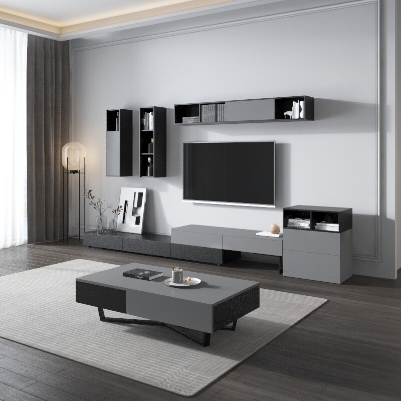 伸缩电视柜茶几组合套装现代简约小户型客厅多功能茶几黑白原木色