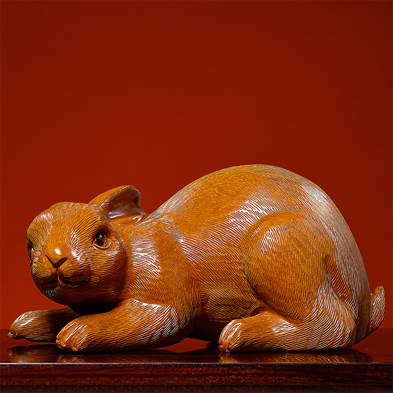 花梨木雕兔子摆件实木质雕刻十二生肖卧兔可爱动物家居装饰工艺品