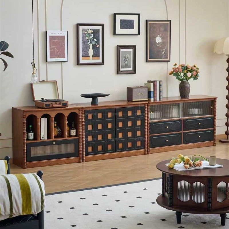 组合柜法式覆古实木电视柜中古风模块组合展示柜家用边柜储物柜