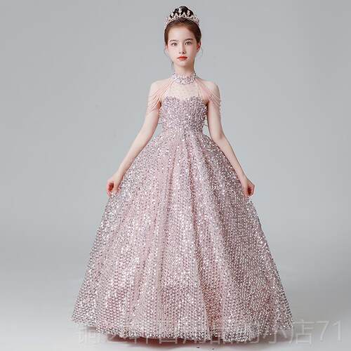 高档高端奢华挂脖日公生主奏裙晚礼服女童主持儿人钢琴演童走秀演