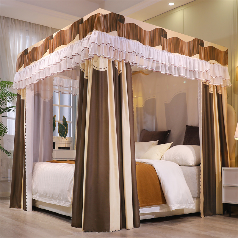 加密加厚宫廷落地床帘蚊帐遮光拼色布帘一体式钢支架床幔带防尘顶