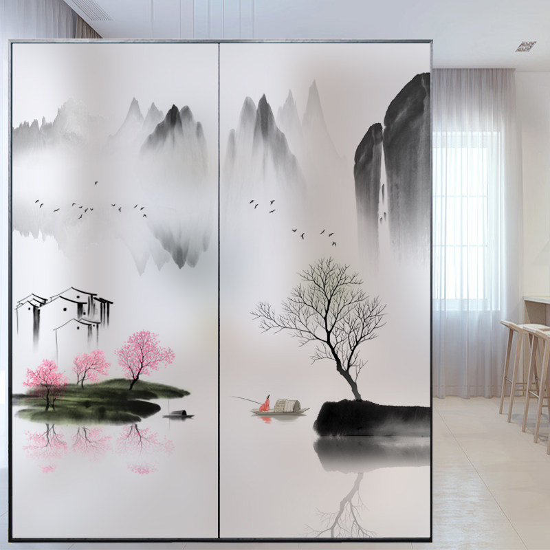 玻璃贴纸无胶防走光中式意境山水画移门浴室窗户不透明纸静电贴膜