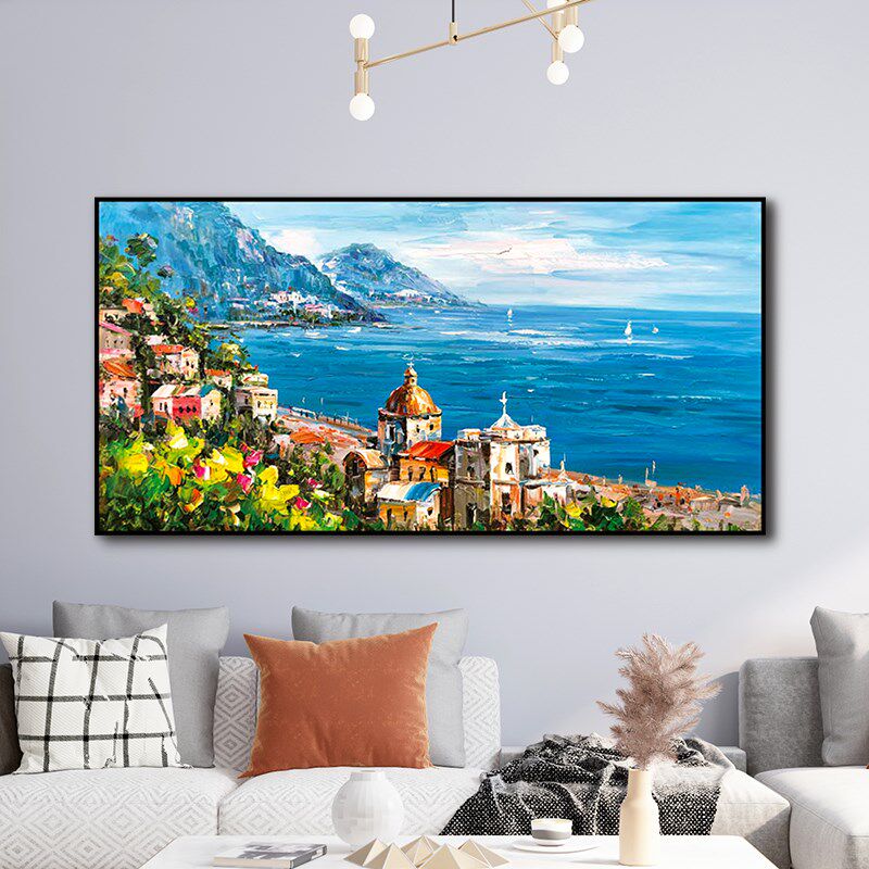 面朝大海春暖花开纯手绘油画风景装饰画客厅横版纯手工地中海油画