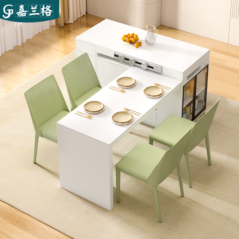 奶油风旋转岛台餐桌一体家用小户型岩板岛台柜多功能吧台桌子倒台
