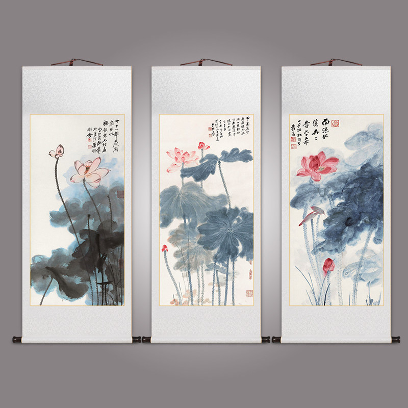 玄关画张大千水墨荷花图卷轴挂画中式客厅装饰画书房茶室壁画国画