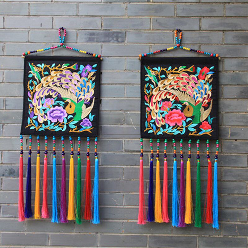 云南民族风刺绣挂件客厅墙壁挂饰家居茶室卧室流苏风铃装饰品墙饰