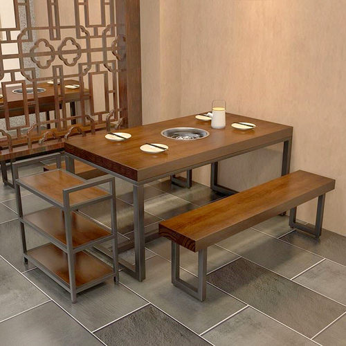酒店商用长方形复古餐桌实木铁艺餐桌椅组合饭店餐厅休闲火锅桌子
