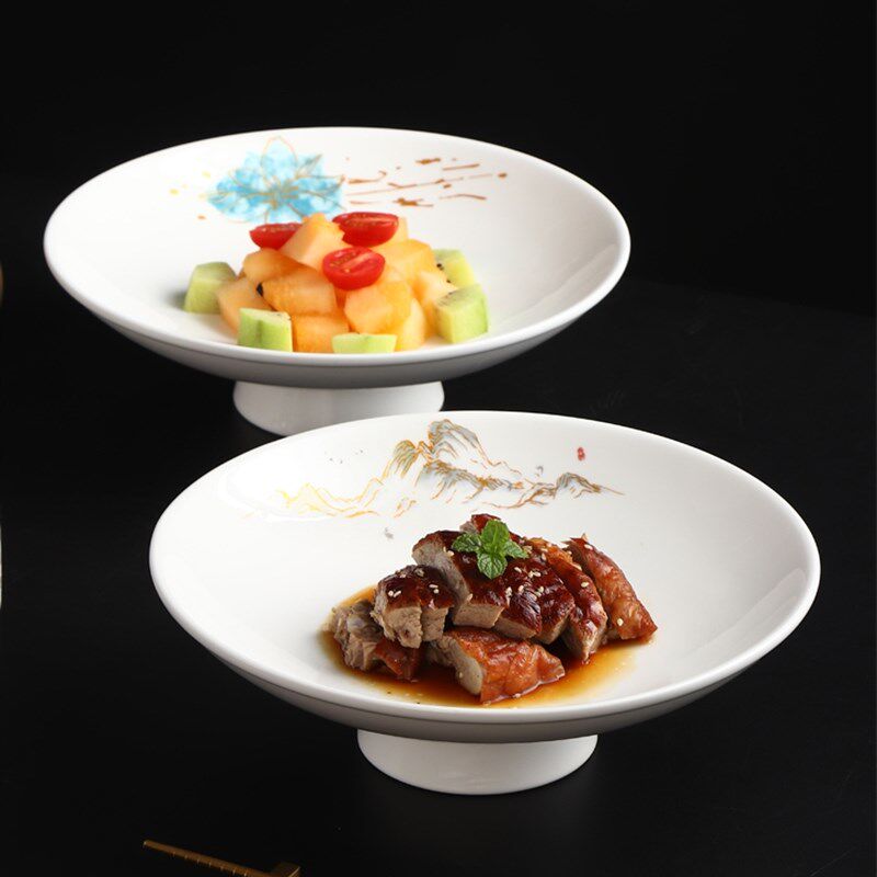 酒店中式国风高脚圆形水果盘子陶瓷创意餐厅冷菜盘甜品盘家用餐具