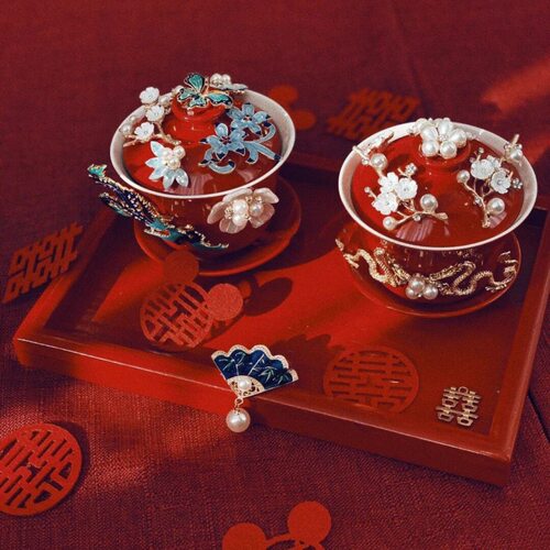 敬茶杯喜结连理婚庆用品陪嫁对diy手作装饰陶瓷盖碗结婚改口