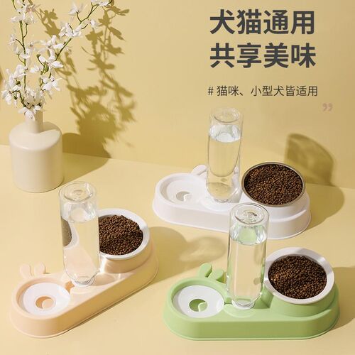 新款兔耳引力陶瓷猫咪自动饮水机喂食器宠物双碗一体狗盆猫碗