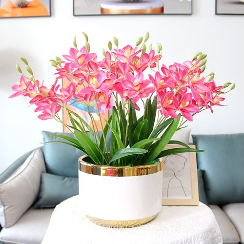 仿真花高档手感PU大蕙兰花盆栽室内装饰花茶几电视柜餐桌假花摆件