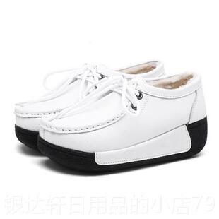 真皮女鞋底坡跟松糕鞋女加单鞋绒保暖棉妈妈鞋舒适厚软底加春