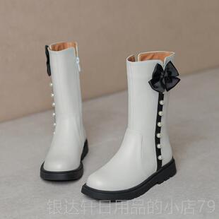 高档女童加马靴202新款秋冬儿童中筒靴绒中大童女孩学丁生演出皮5