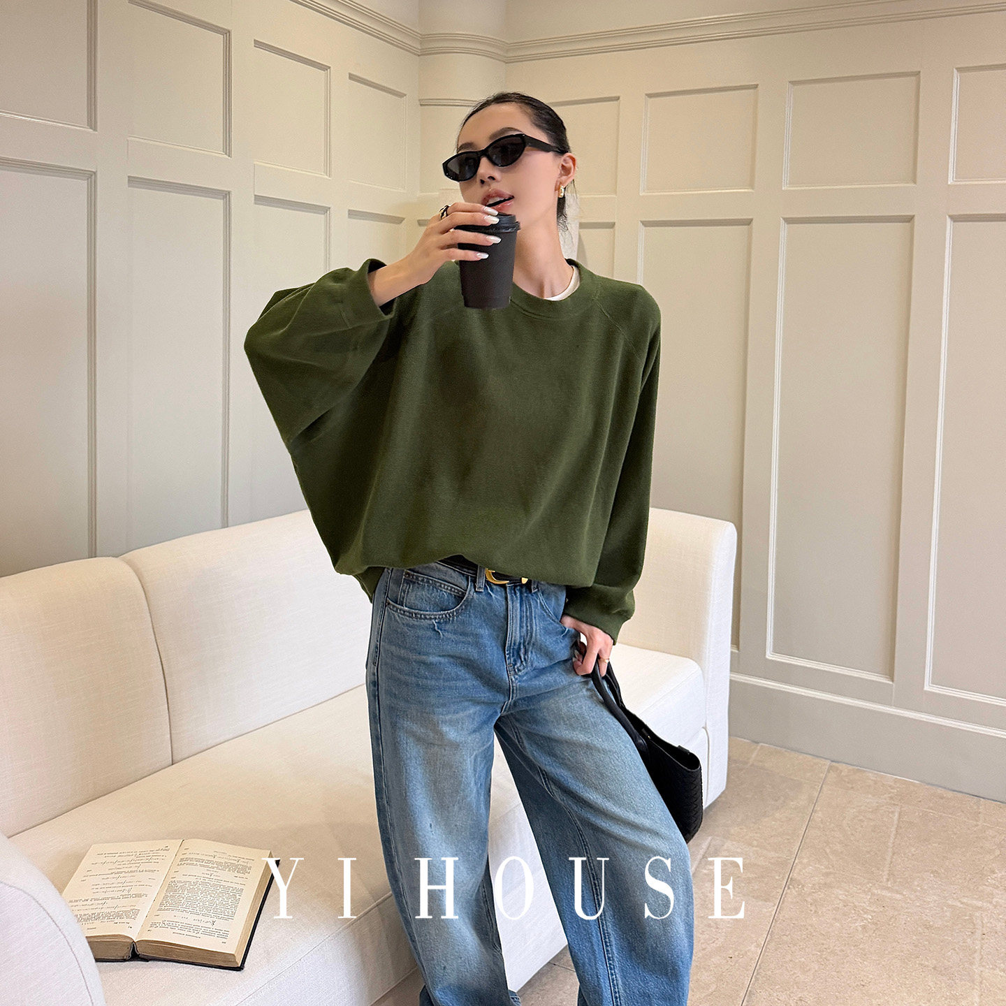 YIHOUSE圆领早秋蝙蝠袖套头上衣