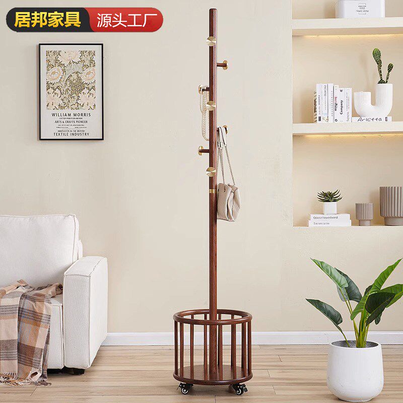 全实木衣帽架落地衣架家用客厅卧室室内脏衣篮篓移动多功能挂衣架