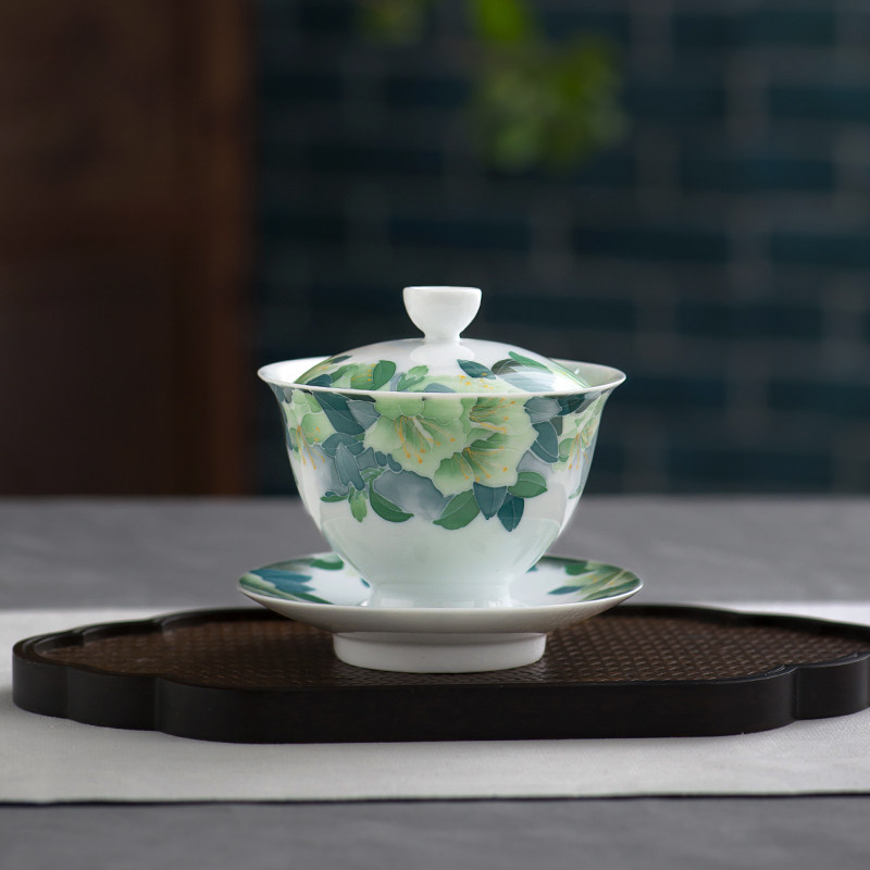 釉下彩手绘三才盖碗茶杯薄胎单个陶瓷大号防烫白瓷功夫茶具泡茶碗