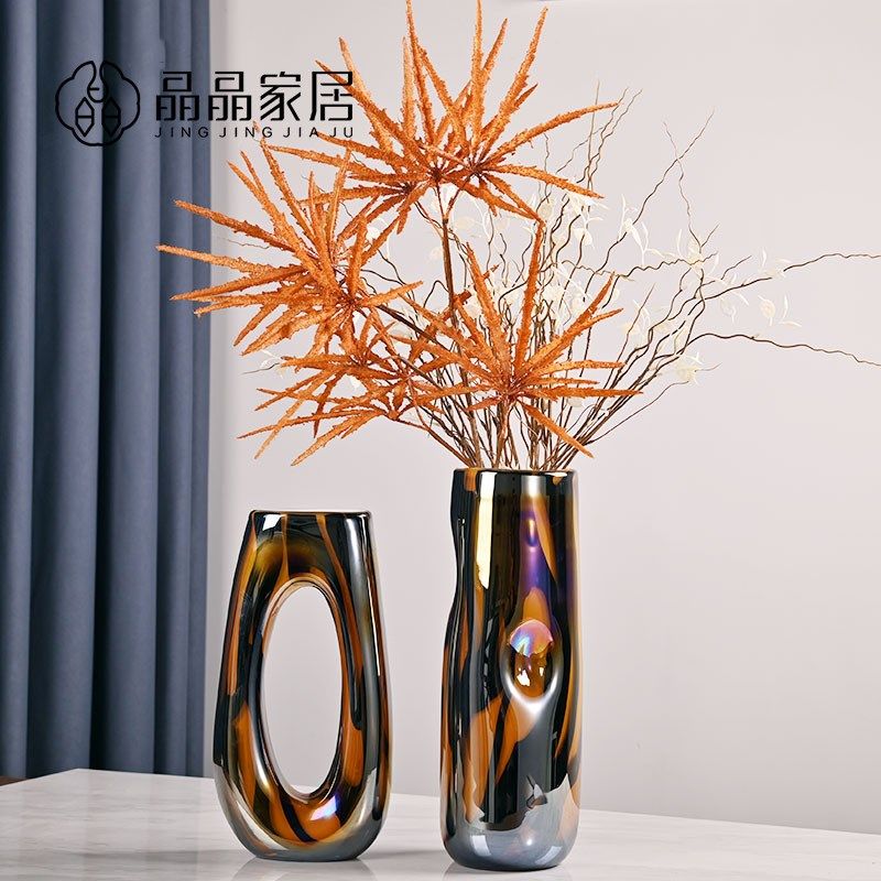 现代简约创意镂空条纹咖桌面插花干花鲜花玻璃花瓶卧室床头柜饰品