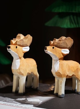 麋鹿手工木雕小摆件可爱动物木质雕刻公仔治愈系圣诞节桌面装饰品