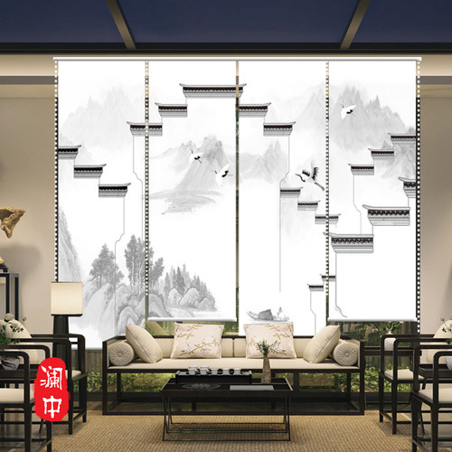 复古中式卷帘窗帘手拉式升降遮挡装饰帘子屏风帘隔断茶室酒店徽派