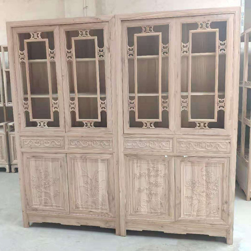 中式全实木榆木书柜博古架白茬家具原木展示茶叶柜书橱储物柜书架