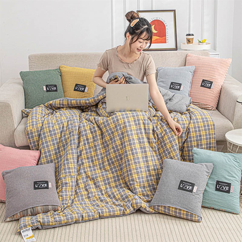 抱枕被子两用2023新款全棉色织水洗棉大豆抱枕被可脱卸内胆加厚折