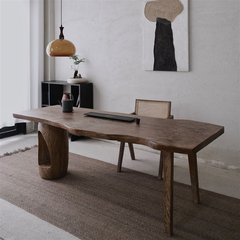 木有作为侘寂中古风大板实木茶桌风化拉丝书桌复古咖色原木大板桌