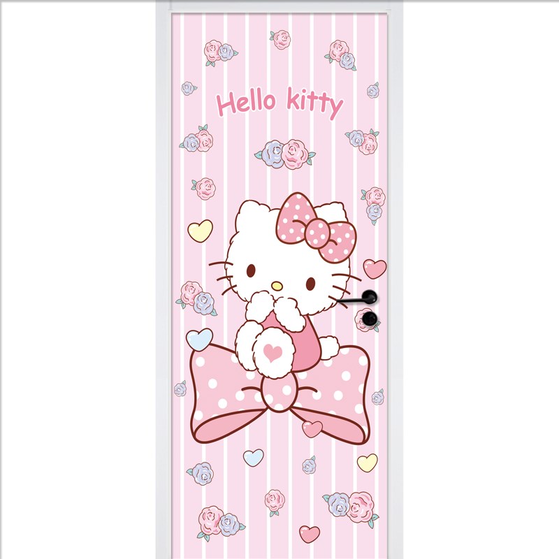 卡通KT凯蒂猫儿童房门贴纸整张粉色女孩房衣柜浴室玻璃门自粘防水