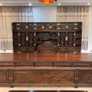 大红酸枝雕花4米办公桌大班台会议桌电脑桌交趾黄檀实木红木家具