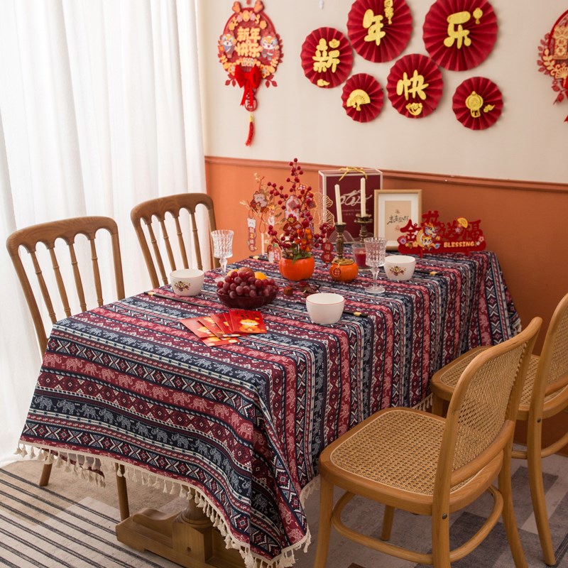 懒咚猫 民族风桌布新年桌垫布艺红色喜庆茶几桌布台布复古餐垫