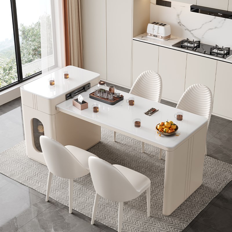 法式奶油风岩板岛台餐桌一体家用小户型泡茶桌多功能可伸缩中导台