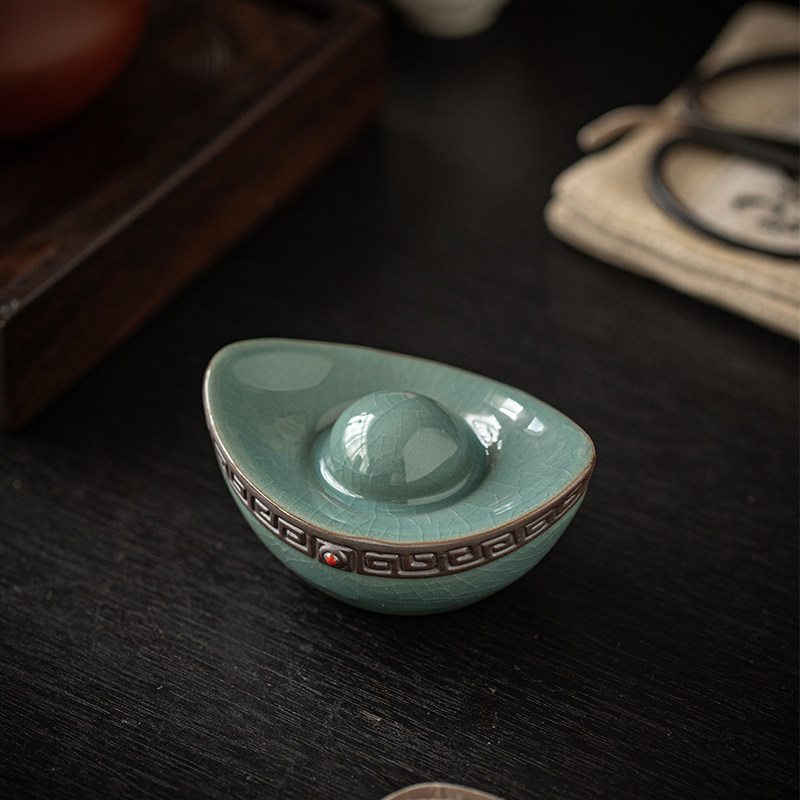 哥窑元宝盖置茶壶盖碗盖子托精品可养茶宠小摆件茶盘装饰茶具配件