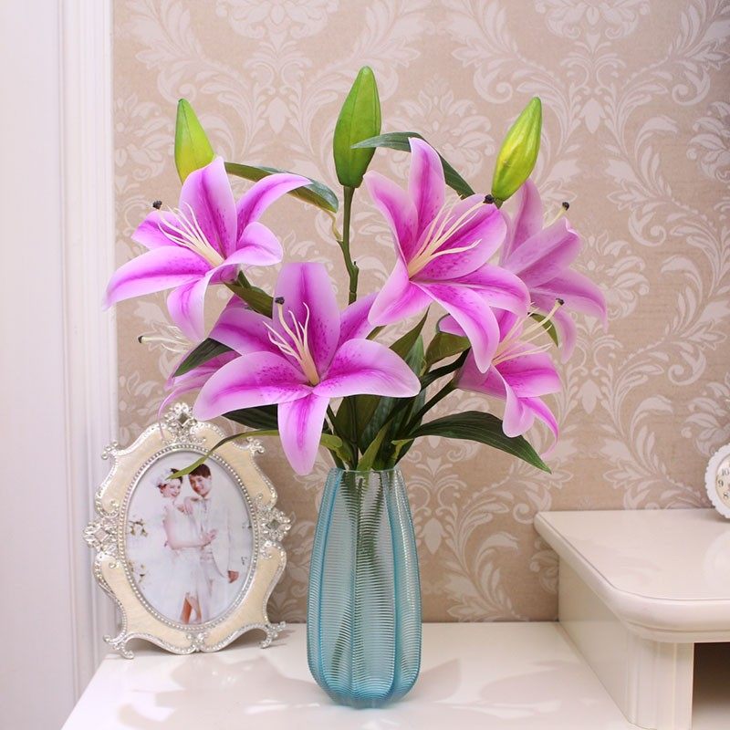 香水百合pu手感仿真花束 欧式客厅装饰花假花艺摆件3束玻璃瓶套装